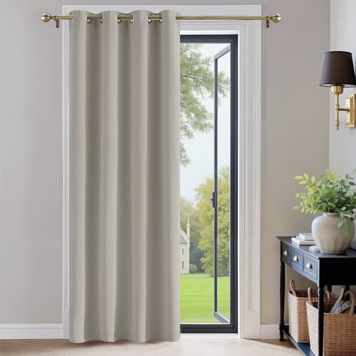 PONY DANCE Thermal Blackout Curtain - Curtain Light Blocking Eyelet Top Drape Home Decor for Door Windows Bedroom Treatment Energy Saving, 1 Piece, Wide 52 in by Drop 84 inch, Natural