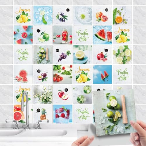 Lot de 36 Stickers Cuisine Salle de Bain et Cuisine - PVC avec citron et fruits - Imperméables à l'huile - Carrés - Pour carrelage mural, armoire, meubles (15x15)
