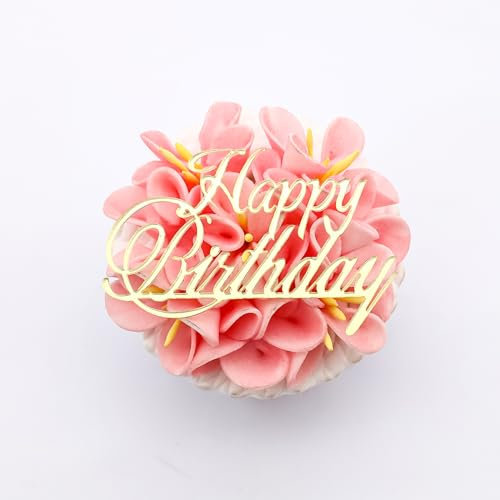 3 Little Desserts Happy Birthday Cupcake Toppers - Pack of 6 - Birthday Party Cupcake Toppers - Butterfly Designed Cupcake Charms For Birthday - Acrylic Mirror Cake Topper - Gold