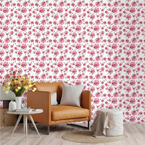 Selbstklebende Tapete Rosa Blume Weiß Strukturtapete Wandtattoo Schlafzimmer Tapete Selbstklebend Vliestapete Wallpaper for Living Room Tapeten Leicht zu Entfernen Wandschutzfolie 45x300cm