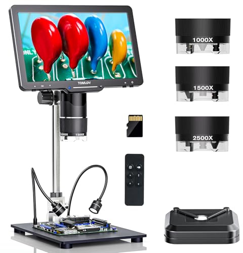 TOMLOV TriL110 3-Lens Digital Microscope: 10.1 2500X 2K HDMI Coin Microscope Magnifier for Whole Coin View with IPS Screen, LCD Soldering Microscopes for Adults, 14 LED Lights, PC/TV Compatible, 64GB