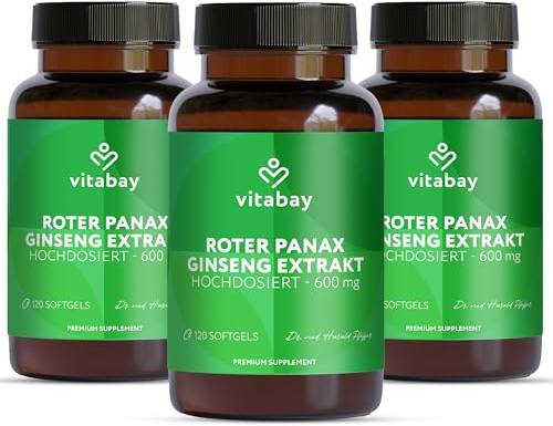 Vitabay Roter Panax Ginseng 600 mg Extrakt – 360 vegane Kapseln | Standardisiert auf 20% Ginsenoside – Echter Koreanischer Ginseng C.A. Meyer – Laborgeprüft – 6 Monate Vorrat – 3er Bundle