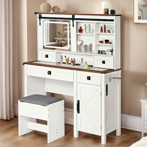Redlife Schminktisch Groß, 3 in 1 Schminktisch mit Beleuchtung & Schiebespiegel, Schminktisch Set mit Hocker, Ladestation, Schmuckschrank, Schminktisch mit Glasplatte, 4 Schubladen, Weiß