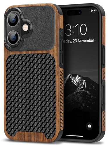 TENDLIN Kompatibel mit iPhone 16 Hülle (Schwarz) | Holz und Carbon Textur Design Leder Hybrid Handyhülle