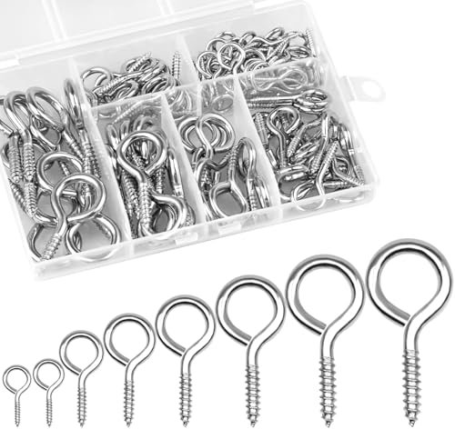 160Pcs Screw In Hooks Eye Bolts, Metal Ceiling Hook, 8 Sizes Heavy Duty Screw Eye Hooks, Eyelet Screws Vine Eyes Hook for Hanging DIY Craft, Securing Cables, Hanging Lights, Indoor & Outdoor Use