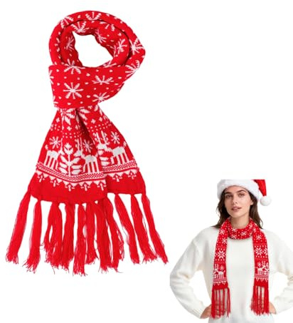 DEARMAMY Écharpe de Noël Écharpe chaude Écharpe extensible unisexe Écharpe de Noël avec rennes et flocons de neige pour femmes et hommes, rouge, 190.00X18.00X0.30CM