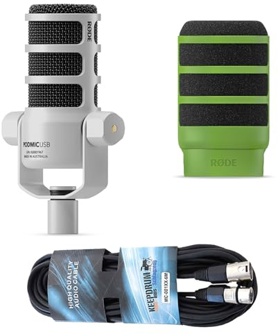 Rode Podmic USB XLR Dynamisches Sprecher-Mikrofon Weiss mit WS14G Popschutz und keepdrum XLR-Kabel