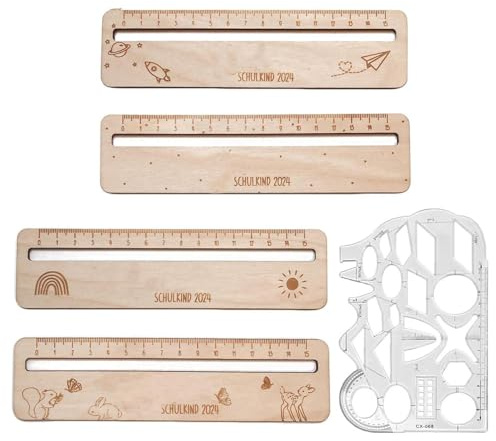 QFEHTHSK 4 Stück Holzlineale, 1 Stück Grafiklineal, Cartoon-Gedrucktes Mini-Lineal, Lesehilfe-Lineal, Geometrisches Zeichenlineal, Geschenk Zum Schulanfang Für Kinder
