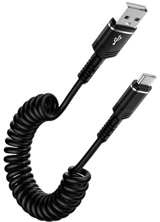 Coiled USB A to USB C Cable for Car, Type C Samsung Phone Charger Retractable Android Auto Cable for Samsung Galaxy S25 S24 Ultra S23 FE S22 S21 S20 A15 A55 A56 A35 A25 A34 A14 iPhone 15 16