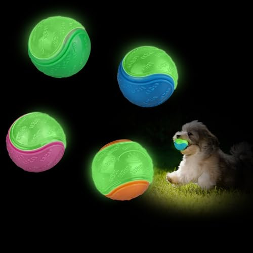 QKURT 4-pack lyser i mörkret hundbollar, interaktiv glödsboll, lysande högstudsande gummileksak, flytande gummi hundleksak för tänder som tränar inomhus och utomhus