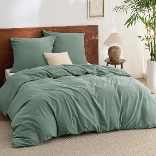 BEDSURE Bettwäsche 200x200 Baumwolle 3teilig -Salbeigrün, 2 Kissen 80x80 cm | 100%Baumwolle Bettwäsche Set mit Reißverschluss, 1 Bettbezug+2 Kissen, Gewaschene Leinenoptik, Atmungsaktiv & Weich, Oeko-TEX