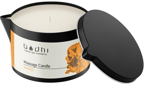 Bodhi® Massagekerze EXOTISCH MANGO 95g, Massageölkerze aus 100% Kokoswachs, Erotische Paarmassage und wärmende Körpermassage, Vegan & Bio