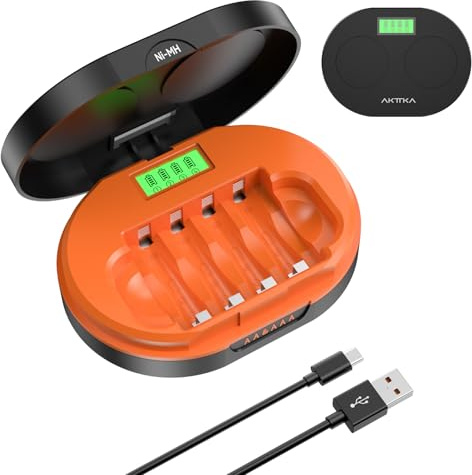 AKTTKA Cargador de Pilas Recargables AA/AAA NiMH/NiCd, 4 Ranuras, Carga Rápida y Eficiente (hasta 85%+), Voltaje/Corriente Constantes, USB 5V/2A, Temporizador MCU y Protecciones Múltiples