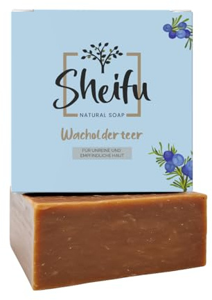 Sheifu Wacholderteer Naturseife 125g – Vegane Duschseife Für Alle Hauttypen, Feste Gesichts- & Handseife Für Unreine Haut, Palmölfrei, Handgemacht, Nachhaltig