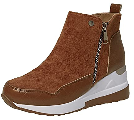 Wedge Sneakers Women High Top Wedge Heel Ankle Boots Trainers with 2 Zip UK Size 7#01_Brown_ Warehouse Deals