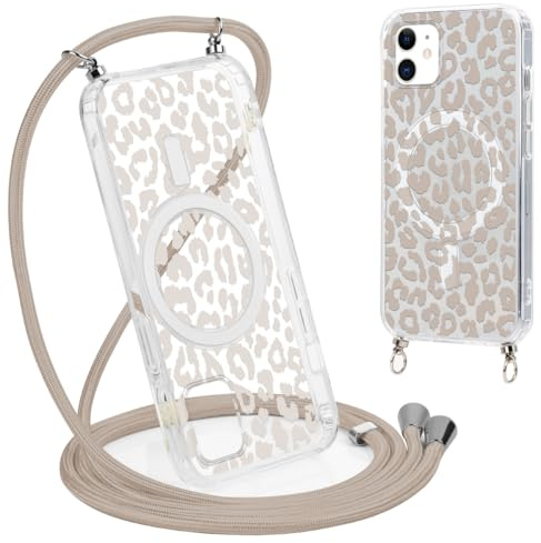 Coalbooliy Handykette Handyhülle für iPhone 11 Hülle 6,1 mit Band Cover Kompatibel mit Magsafe, Transparent Aesthetic Leopard Muster Cover mit Kordel zum umhängen Case Kameraschutz Stoßfest, 01