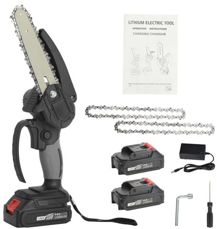 6 Mini tronçonneuse sans fil, 550W de électrique avec piles 2 × 1,5 Ah, moteur balais 3000 tr/min, verrouillage sécurité et poignée Ergo, batterie pour la coupe en Noir