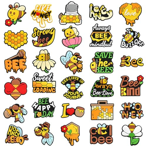 FOSDICK 30 Stück Biene Schuh Charms, Cartoon Bienen für Crocs Charms, PVC Schuhcharms, Niedliche Pins für Crocs, Bienen-Schuhanhänger, DIY Schuh-Anstecker für Kinder, Jungen und Mädchen