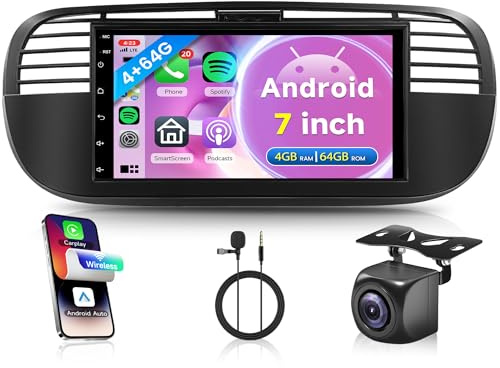 4G+64G for Fiat 500 2007-2015 Android Car Radio Wireless Carplay Android Auto, 7 Inch Android Touchscreen Car Radio FM RDS GPS WiFi Bluetooth Mirror Link Backup Camera