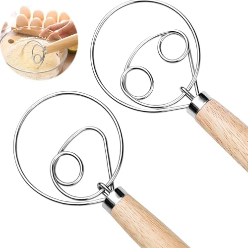 Crihovy Pack of 2 Danish Whisks, Danish Dough Whisk, Egg Beater with Wooden Handle