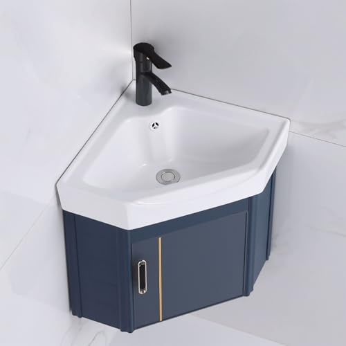 Lavabo de cerámica esquinero con Mueble y Mueble, diseño de Montaje en Pared, contenedor Compacto, Incluye Grifo y desagüe - Azul Elegante, 42 cm/16,5 Pulgadas