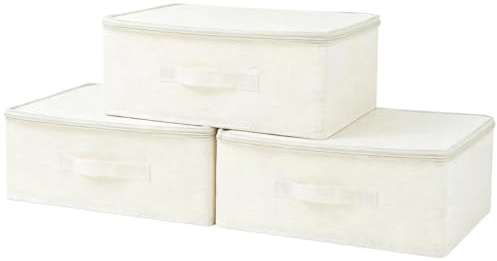 Flaxarne Caja Almacenamiento Beige,Paquete de 3 Cajas de Cesta Tela Almacenaje con Tapa Debajo de la Cama con Manija,Para Habitacione,Dormitorio,Armarios,38x26x16cm