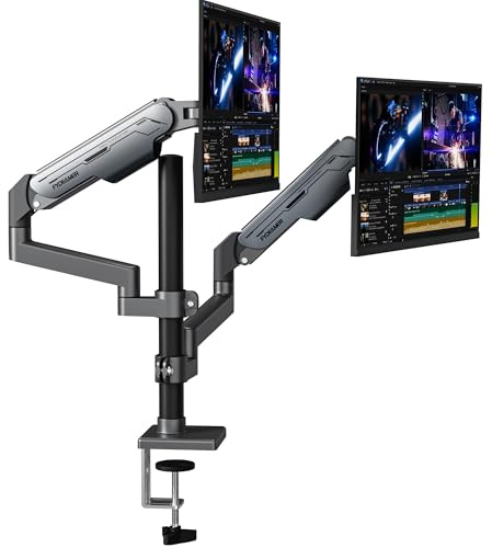 Fydeamer Dual Gas Spring Monitor Arm with Pole for 17-32 Screens 9kg | Heavy Duty Vertical Dual Mount, Full Adjustable VESA Stand, Dark Grey