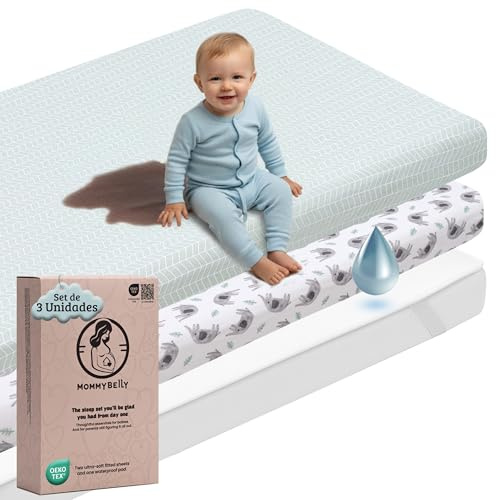 Mommybelly Set Lenzuola Letto Montessori 80x160. 2 Lenzuola con Angoli in Cotone Jersey + 1 Coprimaterasso Impermeabile per Letto Bambini. Certificato OekoTex. Fantasia Elefanti 160x80