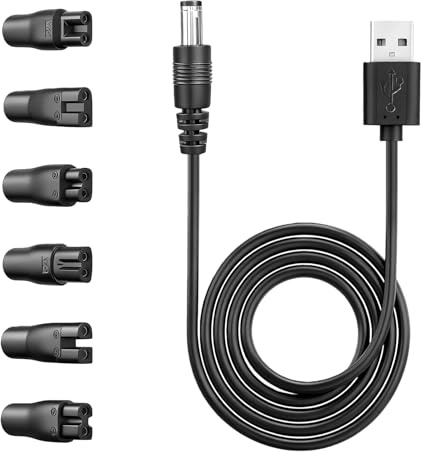 flintronic ersättningskabel för USB-laddare med 6 strömadapter, lämplig för hårklippare, skäggtrimmer, rakapparater, personlig vård och luftrenare