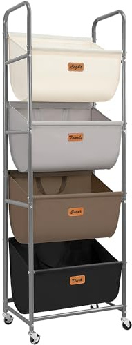 STORAGE MANIAC Vertikaler rollender Wäschekorb, 4 Abschnitte, Wäschesortierer mit Rollen und 2 Pausen, 4-stöckige Wäschekörbe für kleine Räume, Schlafsaal, Waschküche, Schrank, mehrfarbig, 4 Etagen