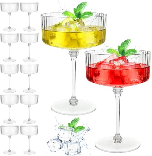 Ovveroche 12 Pcs Ribbed Martini Glasses Transparent Plastic Champagne Tower | 10oz Shatterproof Detachable Stem Cocktail Glassware Set for Wedding Birthday Party Bar Desserts and Snacks