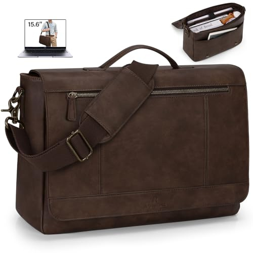 RAINSMORE Aktentasche Herren PU Leder Wasserdichte Umhängetasche Laptoptasche 15,6 Zoll Vintage Groß Arbeitstasche Messenger Bag Schultertasche für Arbeit Büro Uni Schule