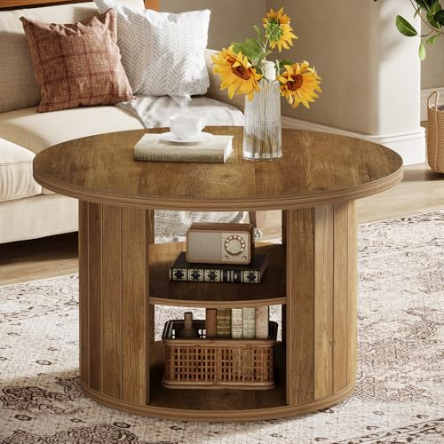 Tribesigns Couchtisch Rund, 80 cm Sofatisch Wohnzimmertisch mit Stauraum, Industrie-Design, Kleiner Tisch Beistelltisch Holz fürs Wohnzimmer, Home Office, Landhausbraun
