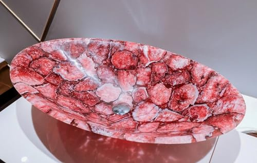 Fregadero de encimera de ágata roja con aspecto lujoso, recipiente de vanidad de piedras preciosas naturales de 24 x 19 pulgadas, cuenco de ágata de resina para lavar a mano, lavabo decorativo montado