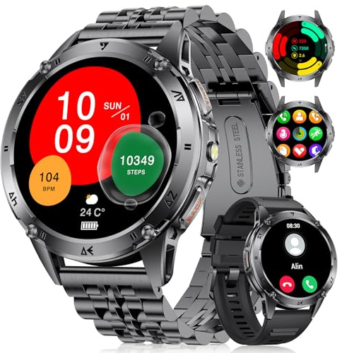 Smartwatch Herren mit Telefonfunktion, 1.43AMOLED Display Fitness Tracker mit LED Taschenlampe, 530mAh Akku Fitnessuhr mit 110+Sportmodi, Herzfrequenz/Schlafmonitor IP68 für Android iOS, Schwarz