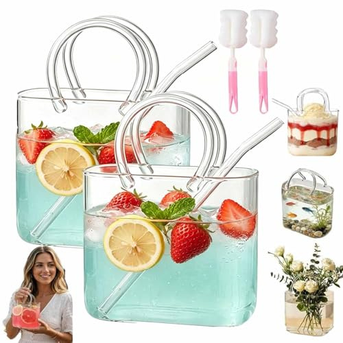 2 pezzi Borsette In Vetro Per Bevande,Bicchiere Da Vino Unico E Vaso Creativo Da Borsa,Vaso Decorativo Per Pesci Con Cannuccia, Per Succhi, Tè Freddo, Fiori, Decorazioni Per Il Bar Di Casa.
