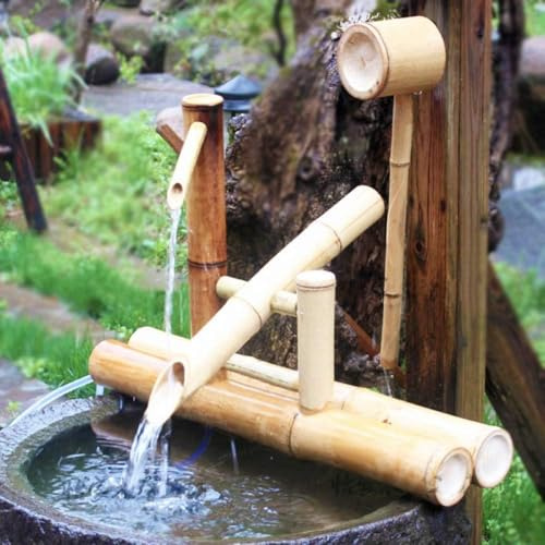 Bambuvattenfunktion med gungpump för utomhus zen trädgårdsdekoration, avslappnande landskapsfontän