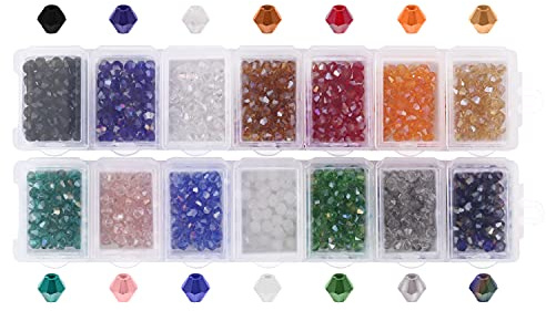 Handi Stitch 4mm Doppelkegel Glas Perlen zum Auffädeln mit Aufbewahrungsbox (1400er Set) - 14 Verschiedene AB Farben - Acryl Perlen für Ketten, DIY-Basteln, Armbänder & Halsketten Schmuck Herstellung