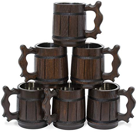 MyFancyCraft Set di 6 tazze da birra da 591 ml, in acciaio inossidabile e legno, regalo fatto a mano per uomo, idea per festa del papà, Natale