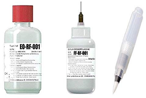 Profi-Set Plus: 250 ml Rework-Flussmittel EO-RF-001 + 50 ml in EO-Flux-Dosierflasche FF-RF-001 zzgl. EO-Compact-Flux-Pen (unbefüllt) (No-Clean Flussmittel, 4,0% Feststoff)