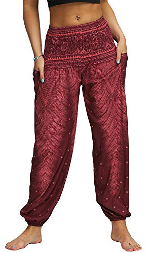 Nuofengkudu Femme Hippie Sarouel Harem Thai Pantalon Poches Boho Fleuri Print Taille Haute Baggy Casual Plage Leger Yoga Pants (Vin Rouge,Taille Unique)