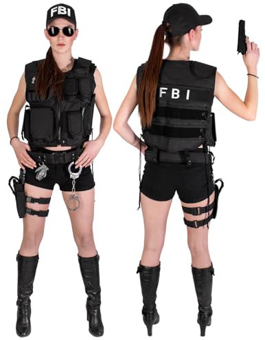 Black Snake® Damen Kostüm SWAT POLICE FBI SECURITY | Einsatzweste, Gürtel, Beinholster, Cap, Handschellen - FBI - M/L