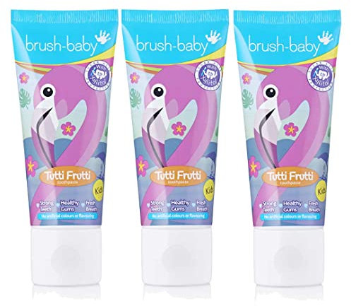Brush-Baby - Tutti Frutti Kids Toothpaste, 3 x 50ml Tubes - for Ages 3+ - with Xylitol & Fluoride - Strong Teeth, Healthy Gums & Fresh Breath - Gentle Vegan Formula, Safe if Swallowed