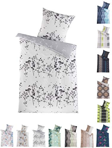 BaSaTex Microfaser Bettwäsche Set, 135x200 cm + 80x80 cm, Herbes Weiss Grau | Reißverschluss, Wende, 100% Polyester Mikrofaser