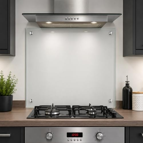Clear Glass Kitchen Splashback – 6mm Toughened Heat-Resistant Glass, Polished Edges, Pre-Drilled Holes & Chrome Fixings, Hob & Cooker Wall Protector (80 x 60cm)