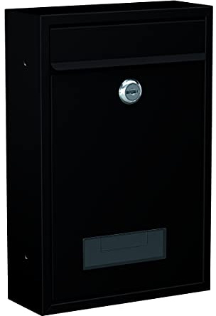 BASI Briefkasten | Wandbriefkasten aus Stahl | Farbe Schwarz Matt | mit Namensschild | Zylinderschloss mit 2 Schlüssel | inkl. Befestigungsmaterial | Batteriemontage möglich