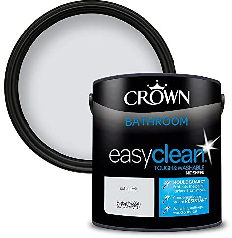 2.5L CROWN Easyclean Bathroom MID-SHEEN Emulsion Multi Surface Paint With MOULDGUARD+ That can be Used on Walls, Ceilings, Wood and Metal. Stain & Scrub Resistant Formula – Soft Steel