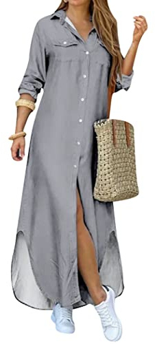 OMZIN Femmes Boutonné Maxi Chemises Robe Lâche À Manches Longues Retrousser Chemise Robe Lin Split Robes Gris S
