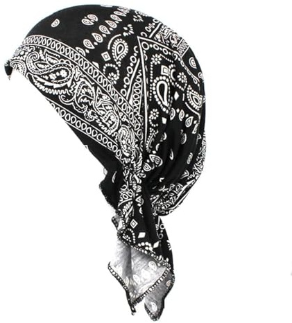 Chemo-Kopfbedeckung, Beanie, Kopftuch, Kopftuch, weiche Turban-Kappe, florales Baumwollgefühl, Stoff, Alopezie, Bandana, Kopfbedeckung, Schwarzes Paisleymuster, Einheitsgröße