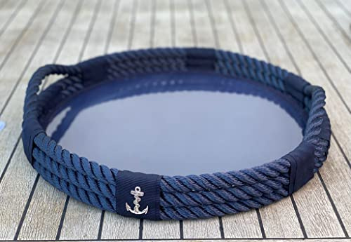 Vassoio Circolare Artigianale con Design Nautico, Realizzato in Cima Nautica e Tessuto Antimacchia, Facile da Pulire, Pratico ed Elegante - Perfetto per Cucina, Giardino, Barca o Yacht - La Gomena